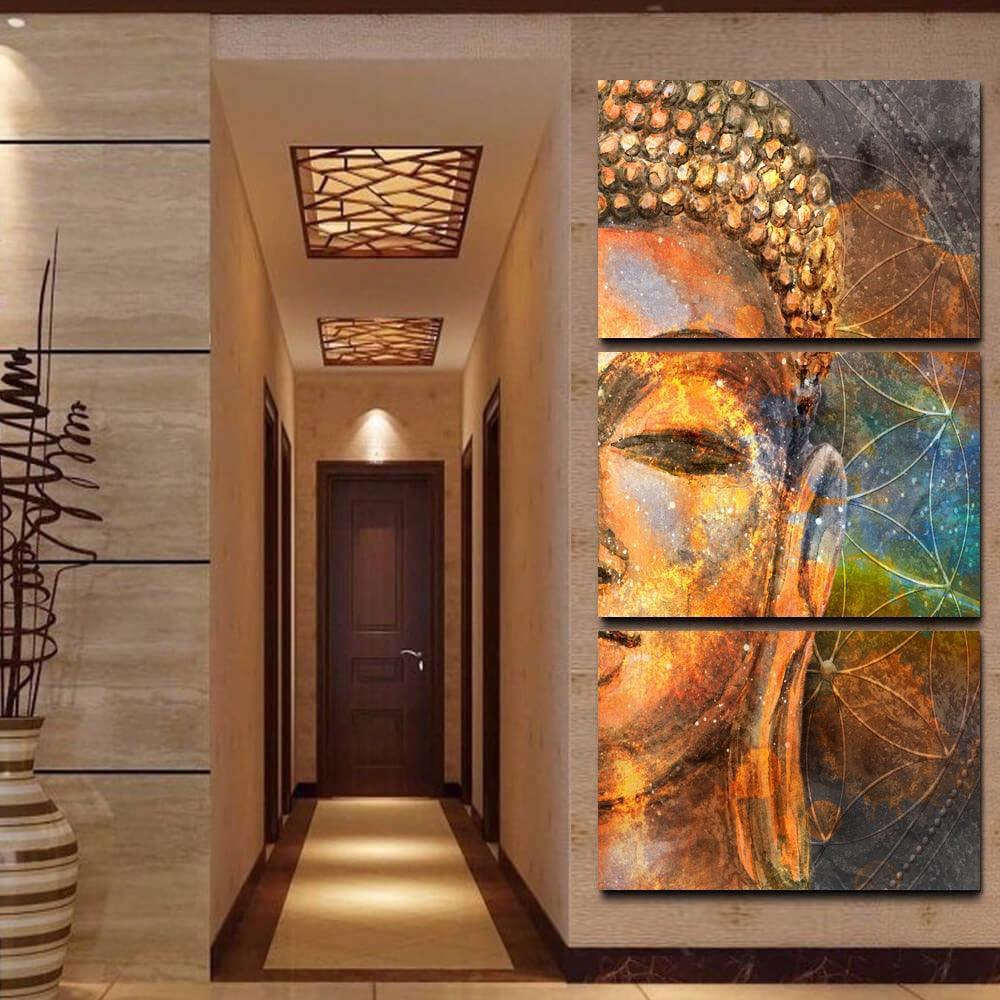 Buddha Statue Abstract Painting 3 Piece HD Multi Panel Canvas Wall Art Frame-Original Frame