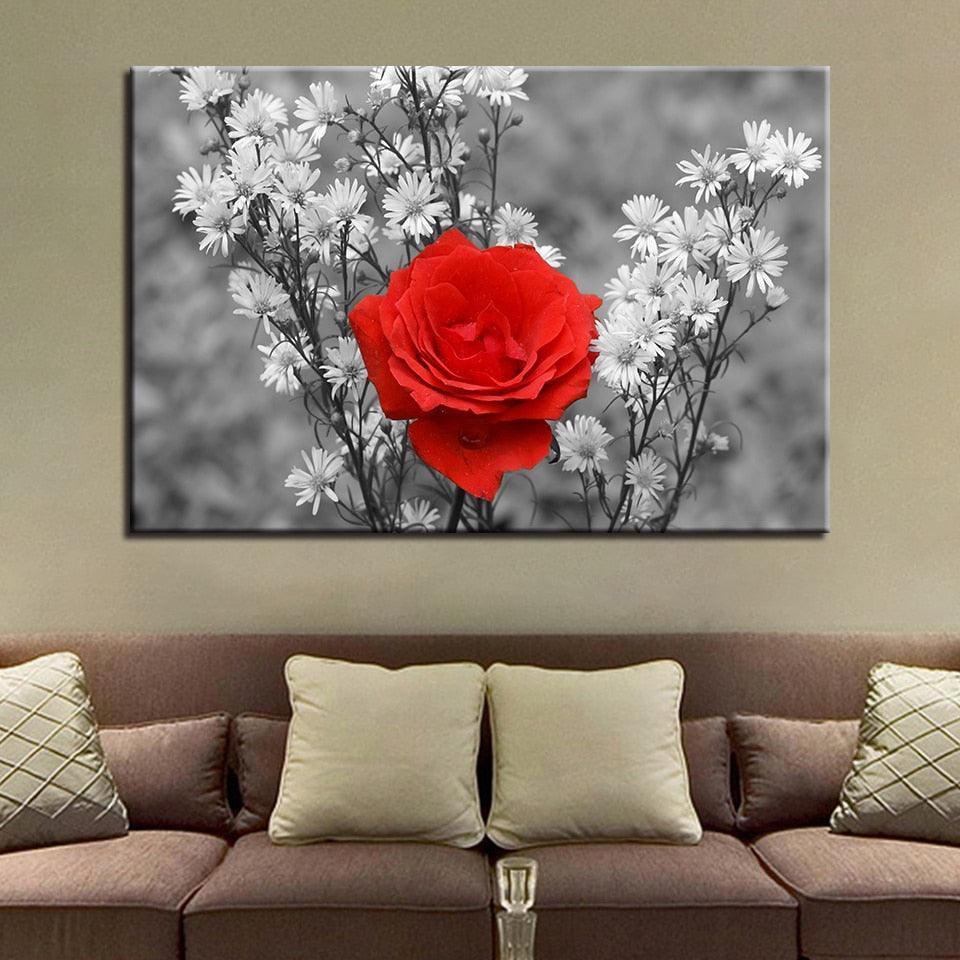 Wall Art Pictures 1 Piece Red Rose And Wild Flower Painting Home Decor Living Room Vintage Poster Framework-Original Frame