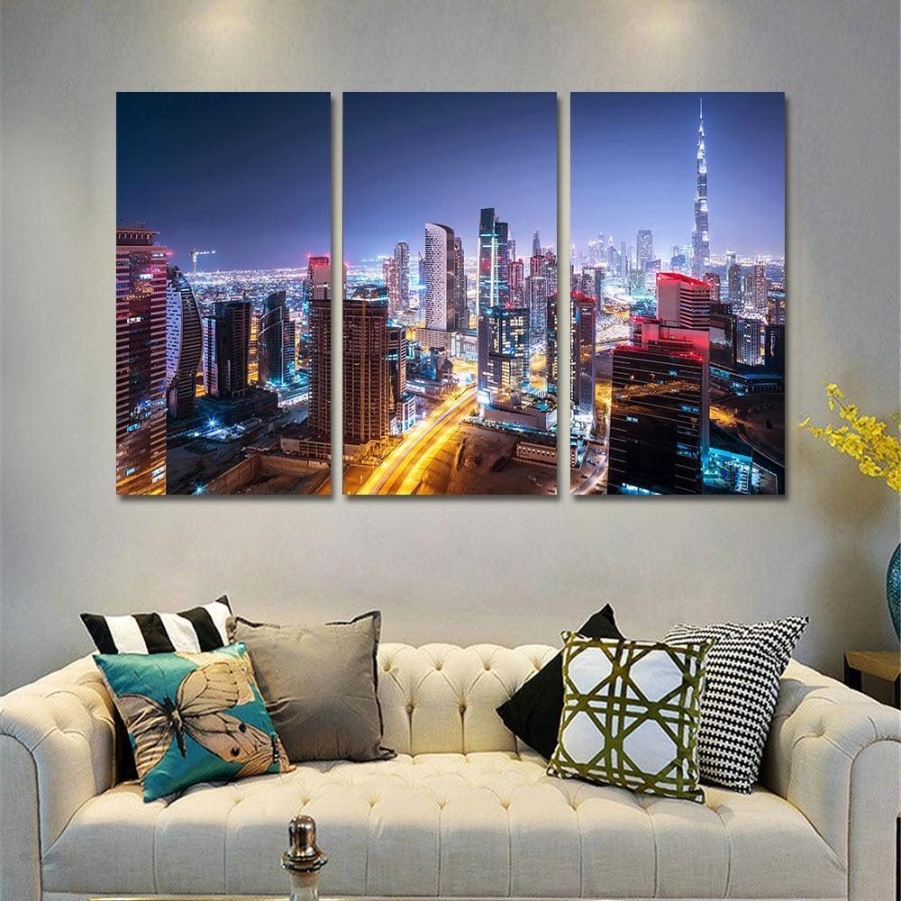 Dubai City Building 3 Piece HD Multi Panel Canvas Wall Art Frame-Original Frame