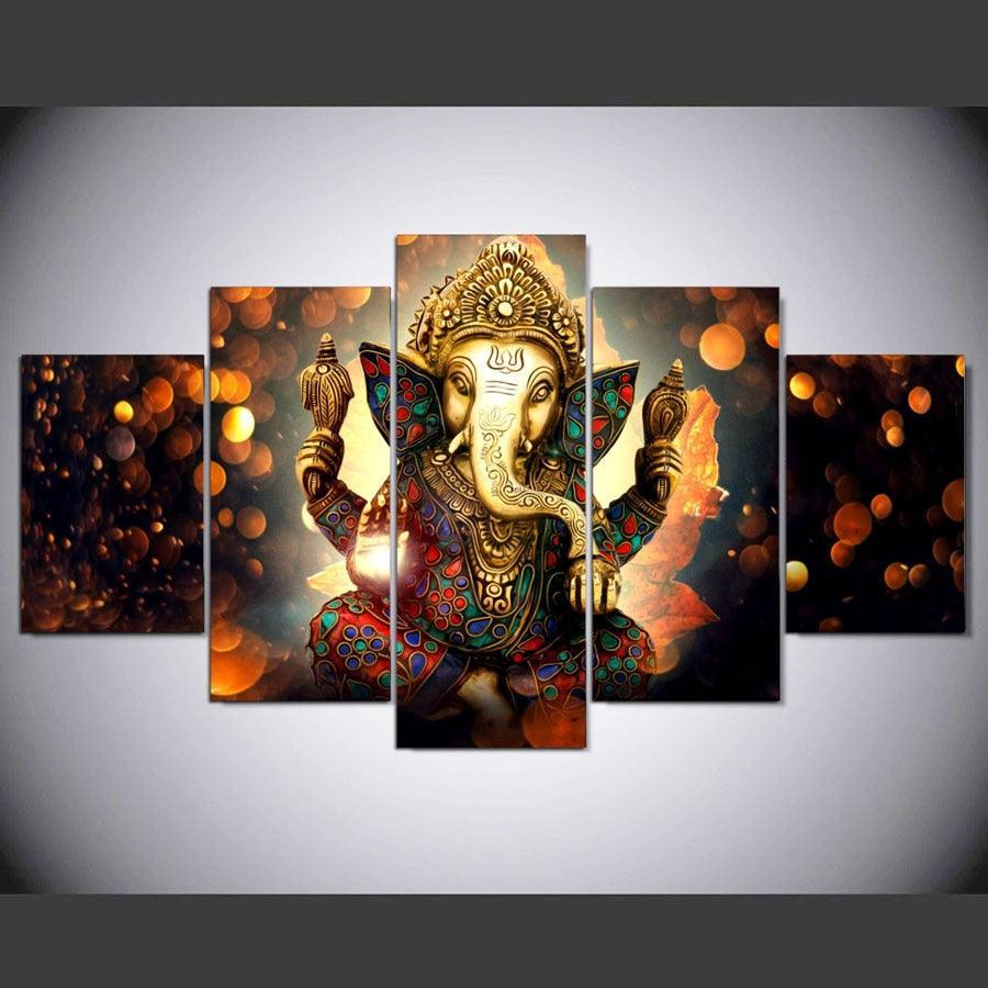Classical Lord Ganesha 5 Piece HD Multi Panel Canvas Wall Art Frame-Original Frame