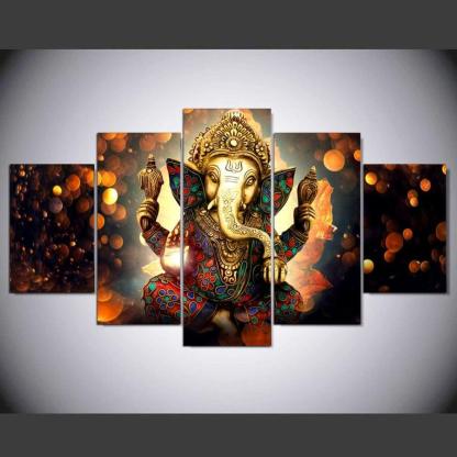 Classical Lord Ganesha 5 Piece HD Multi Panel Canvas Wall Art Frame-Original Frame
