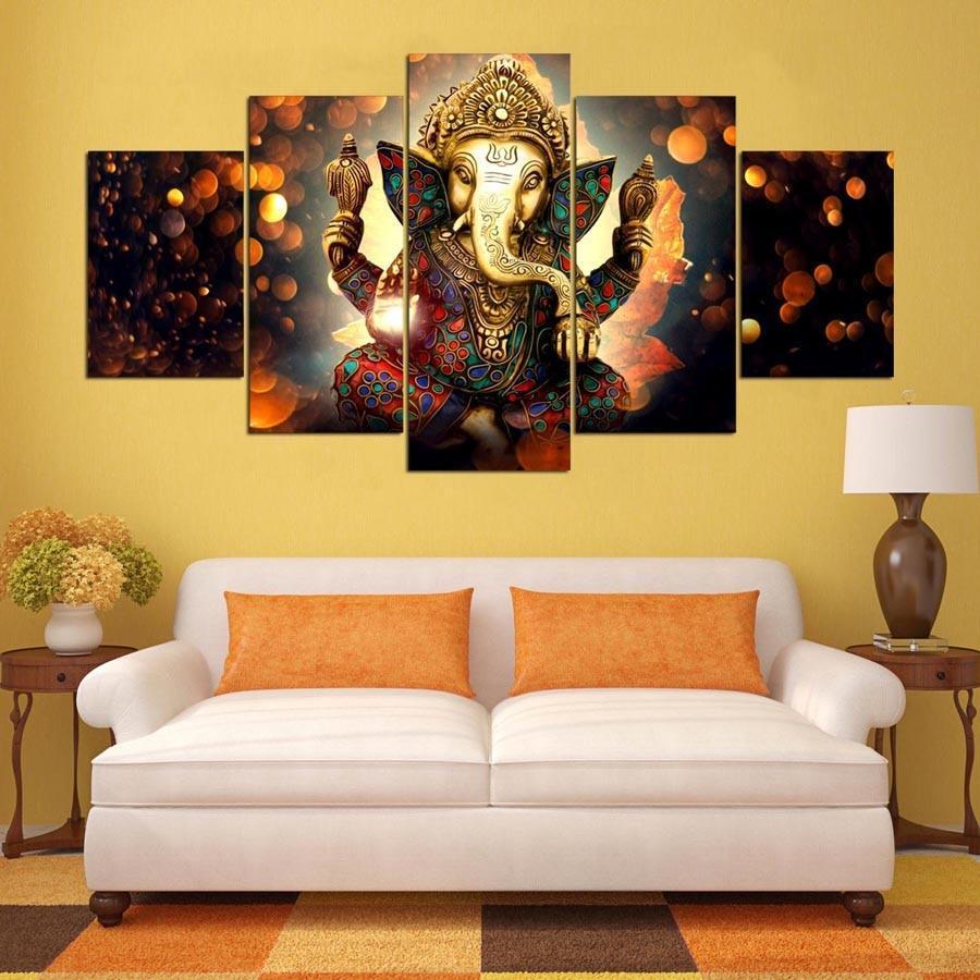 Classical Lord Ganesha 5 Piece HD Multi Panel Canvas Wall Art Frame-Original Frame