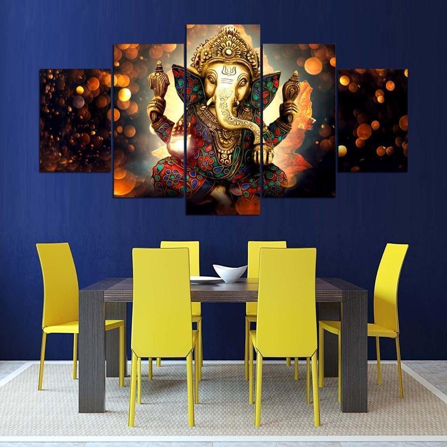 Classical Lord Ganesha 5 Piece HD Multi Panel Canvas Wall Art Frame-Original Frame