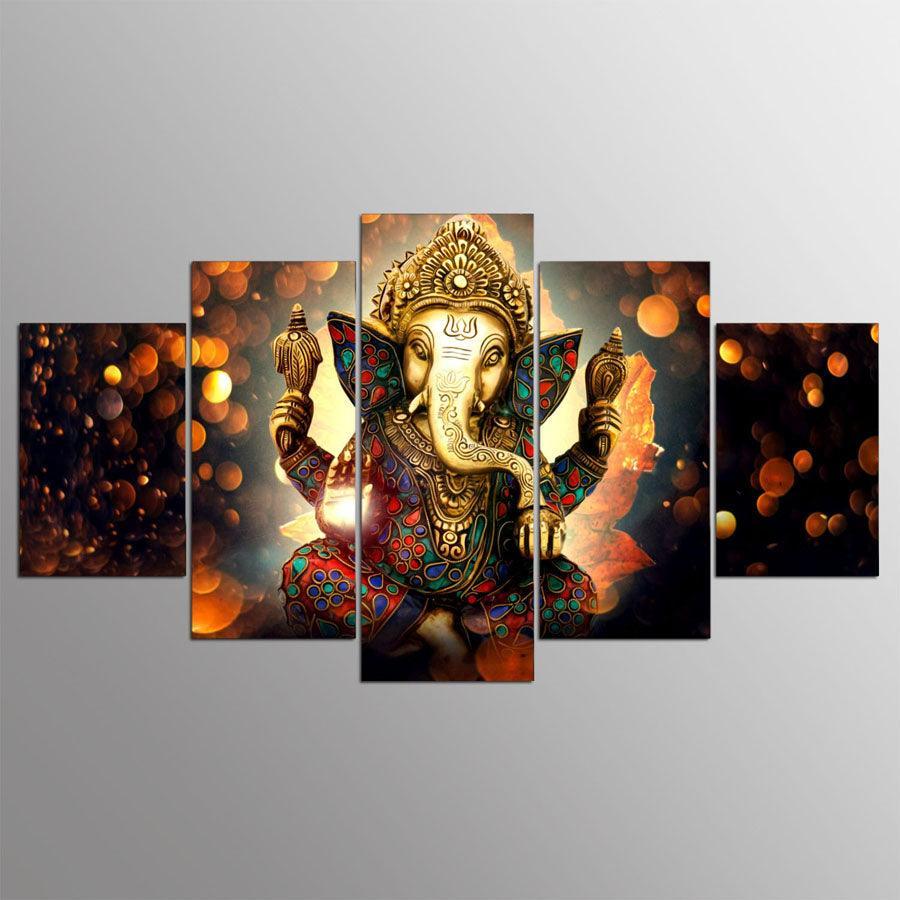 Classical Lord Ganesha 5 Piece HD Multi Panel Canvas Wall Art Frame-Original Frame