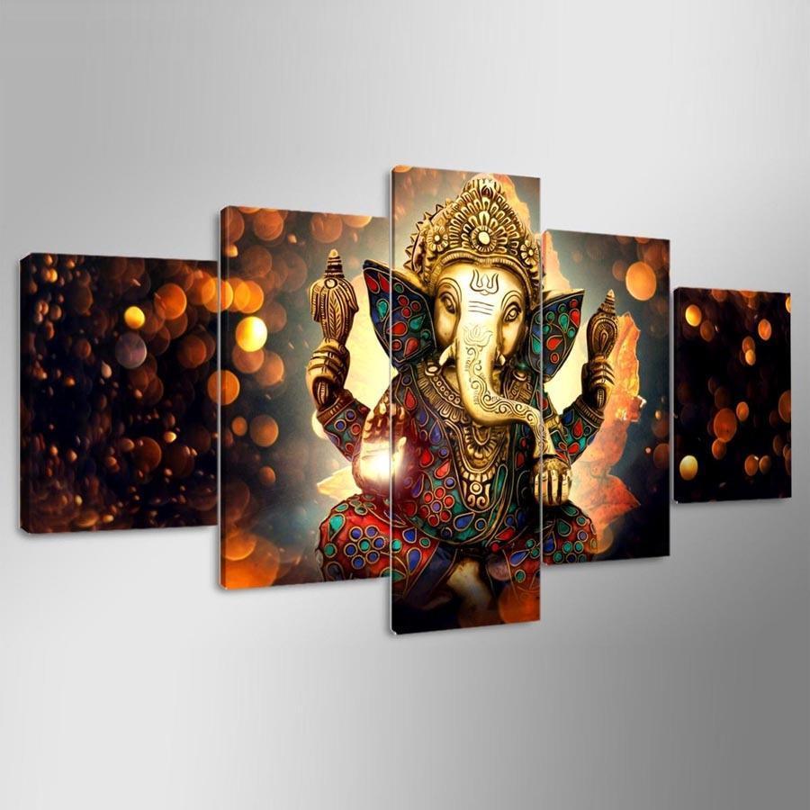 Classical Lord Ganesha 5 Piece HD Multi Panel Canvas Wall Art Frame-Original Frame