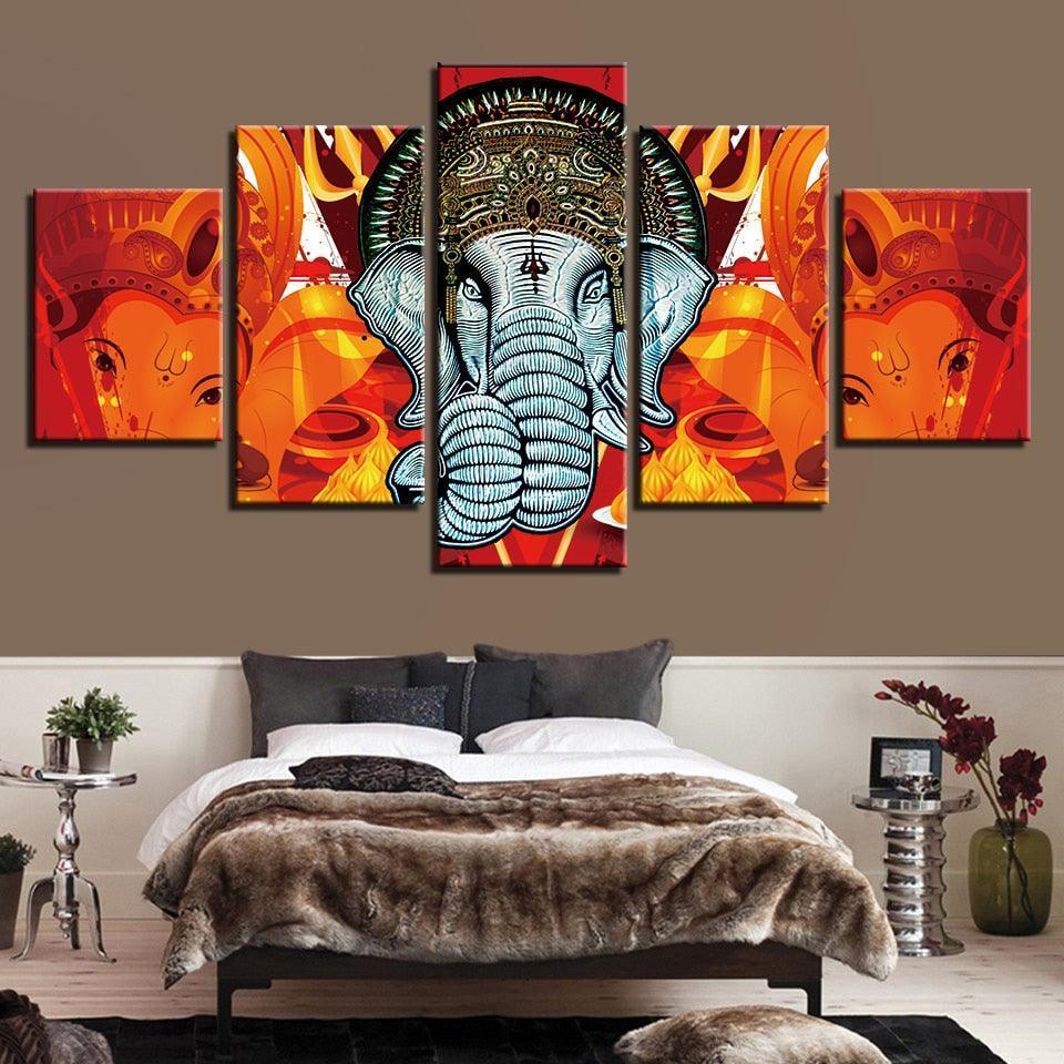 Lord Ganesha 5 Piece HD Multi Panel Combined Canvas Wall Art Frame-Original Frame