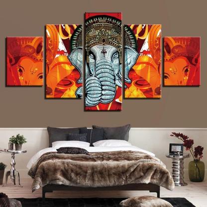 Lord Ganesha 5 Piece HD Multi Panel Combined Canvas Wall Art Frame-Original Frame