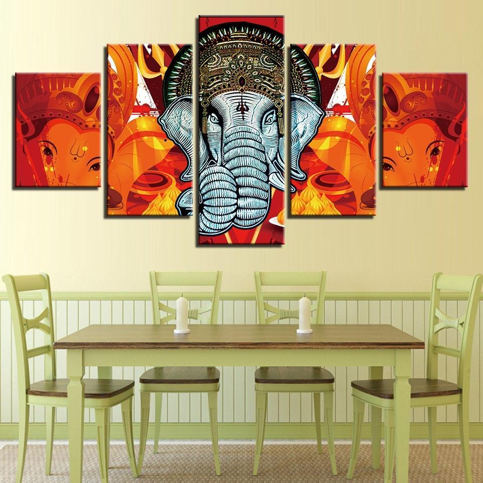 Lord Ganesha 5 Piece HD Multi Panel Combined Canvas Wall Art Frame-Original Frame