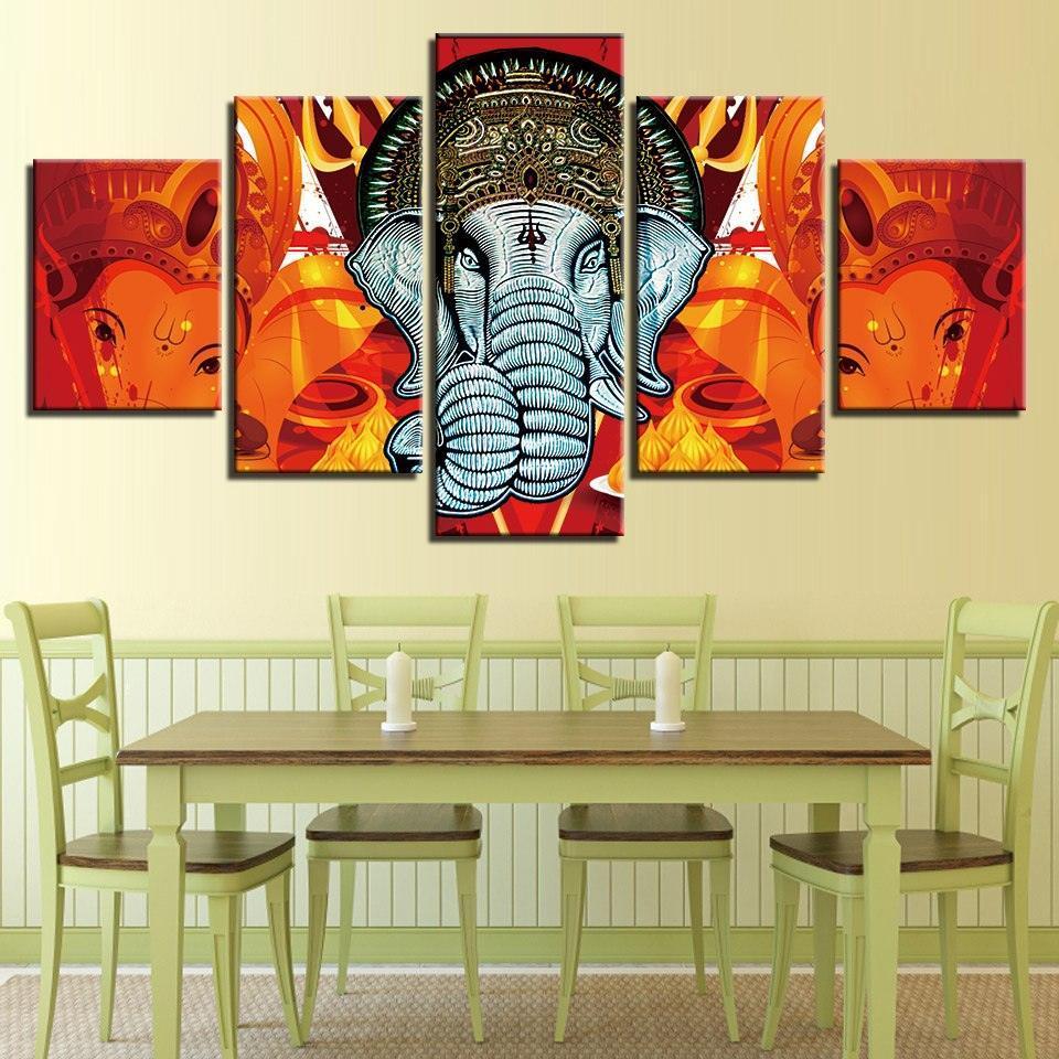 Lord Ganesha 5 Piece HD Multi Panel Combined Canvas Wall Art Frame-Original Frame
