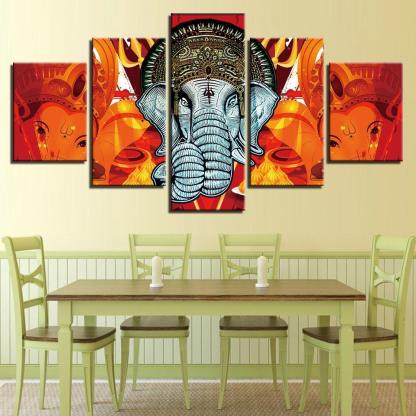 Lord Ganesha 5 Piece HD Multi Panel Combined Canvas Wall Art Frame-Original Frame