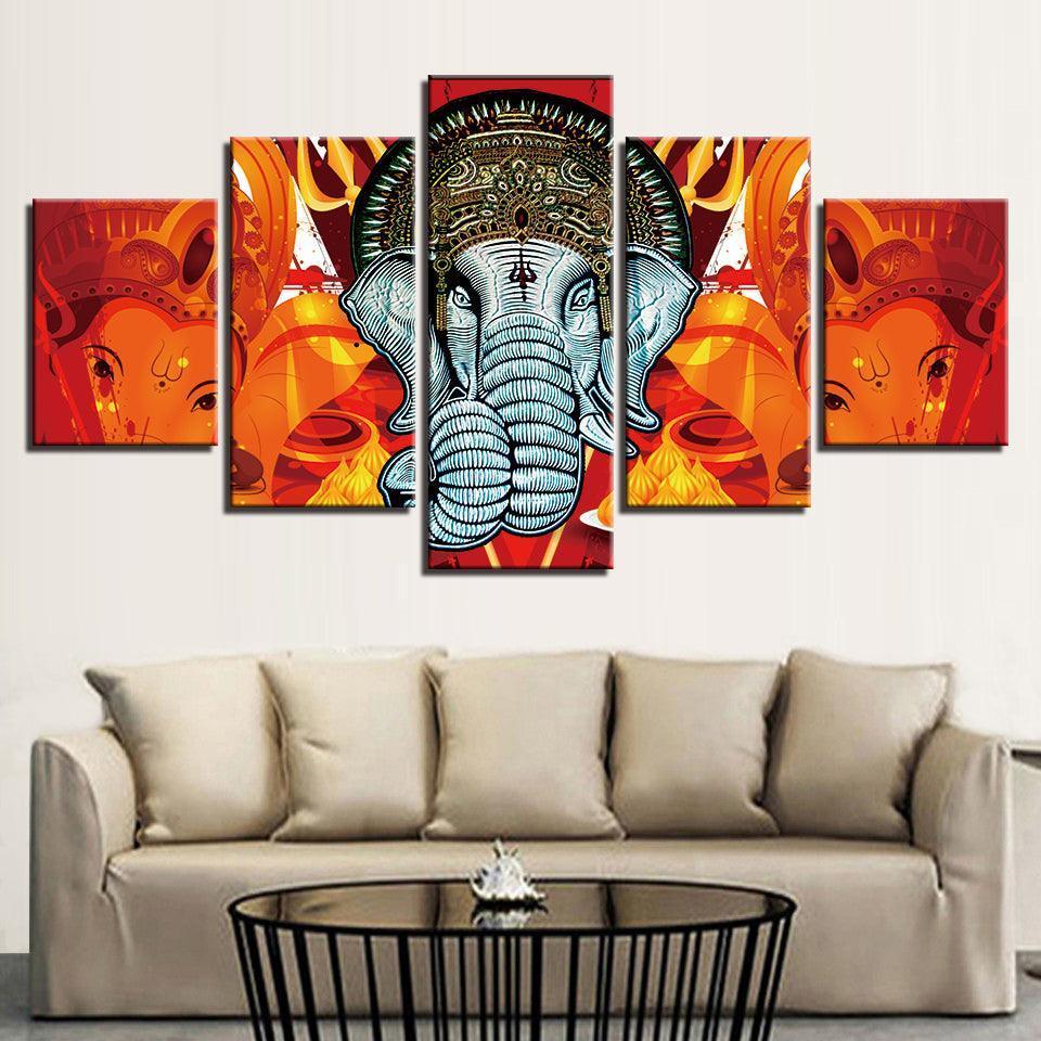 Lord Ganesha 5 Piece HD Multi Panel Combined Canvas Wall Art Frame-Original Frame