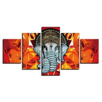 Lord Ganesha 5 Piece HD Multi Panel Combined Canvas Wall Art Frame-Original Frame