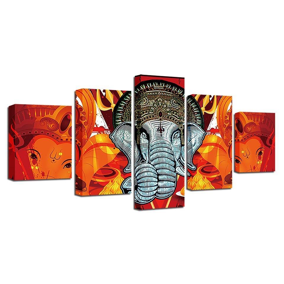 Lord Ganesha 5 Piece HD Multi Panel Combined Canvas Wall Art Frame-Original Frame