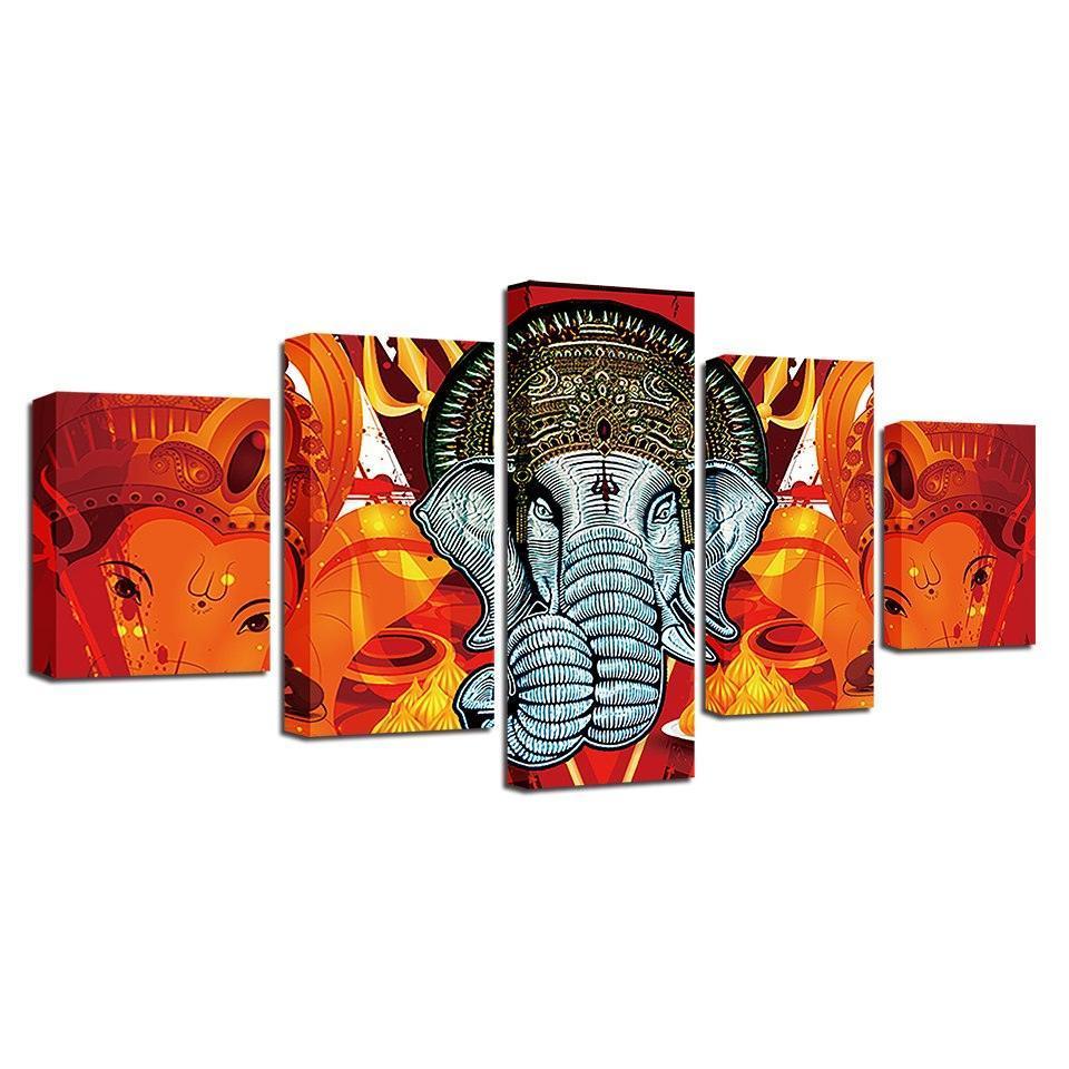 Lord Ganesha 5 Piece HD Multi Panel Combined Canvas Wall Art Frame-Original Frame