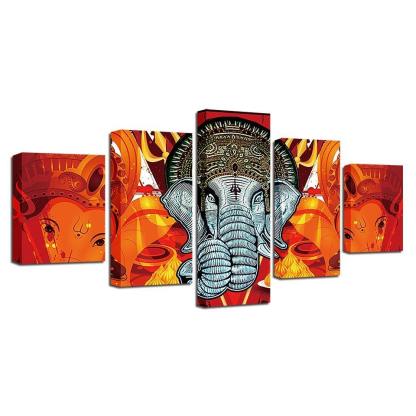 Lord Ganesha 5 Piece HD Multi Panel Combined Canvas Wall Art Frame-Original Frame
