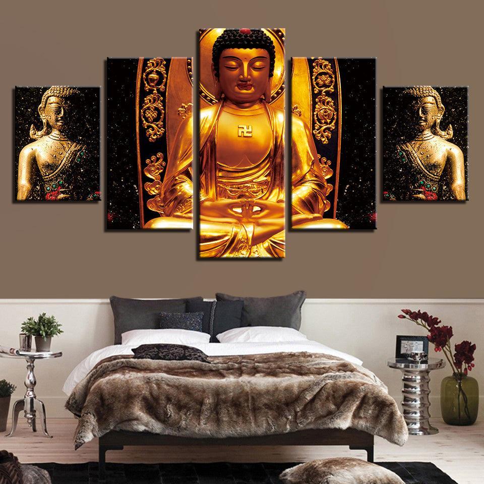 Gold Statue Of Buddha 5 Piece HD Multi Panel Canvas Wall Art Frame-Original Frame