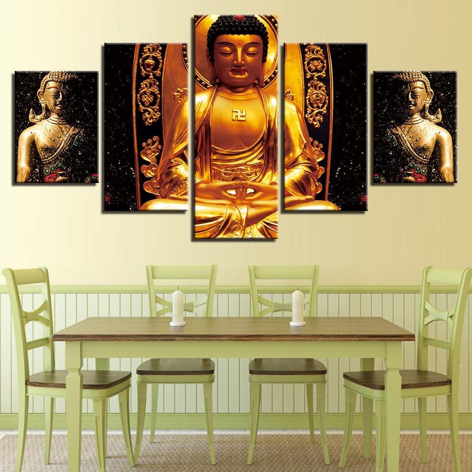 Gold Statue Of Buddha 5 Piece HD Multi Panel Canvas Wall Art Frame-Original Frame