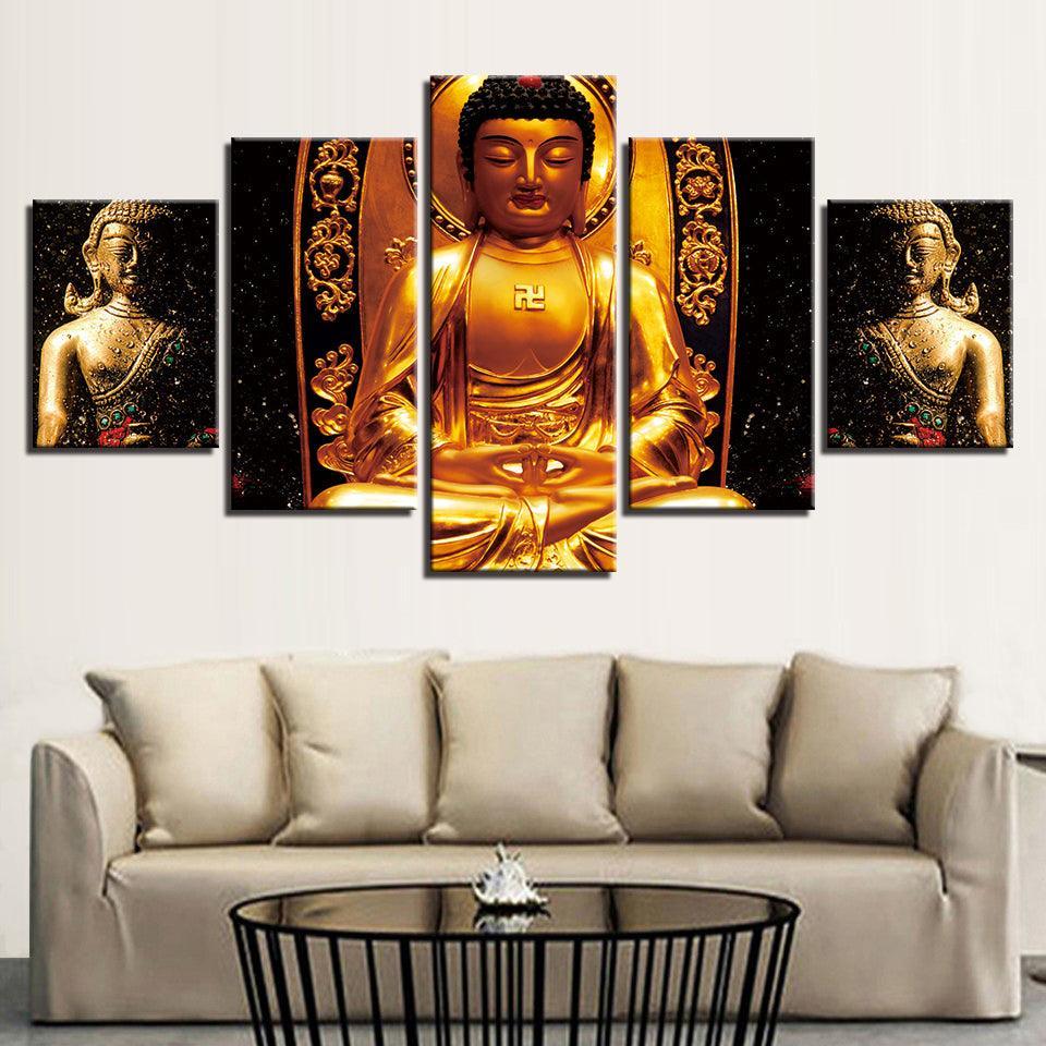 Gold Statue Of Buddha 5 Piece HD Multi Panel Canvas Wall Art Frame-Original Frame
