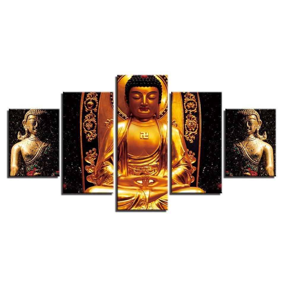 Gold Statue Of Buddha 5 Piece HD Multi Panel Canvas Wall Art Frame-Original Frame