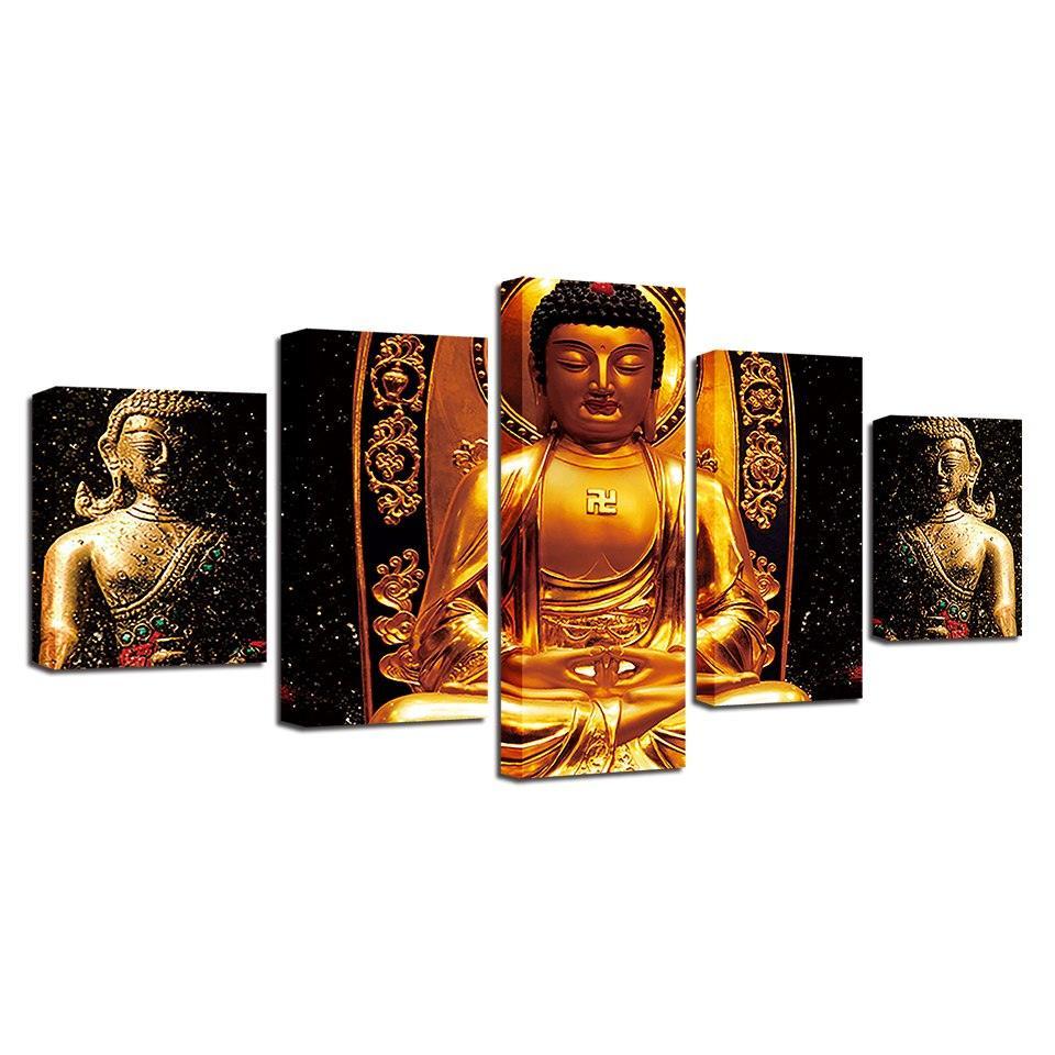 Gold Statue Of Buddha 5 Piece HD Multi Panel Canvas Wall Art Frame-Original Frame