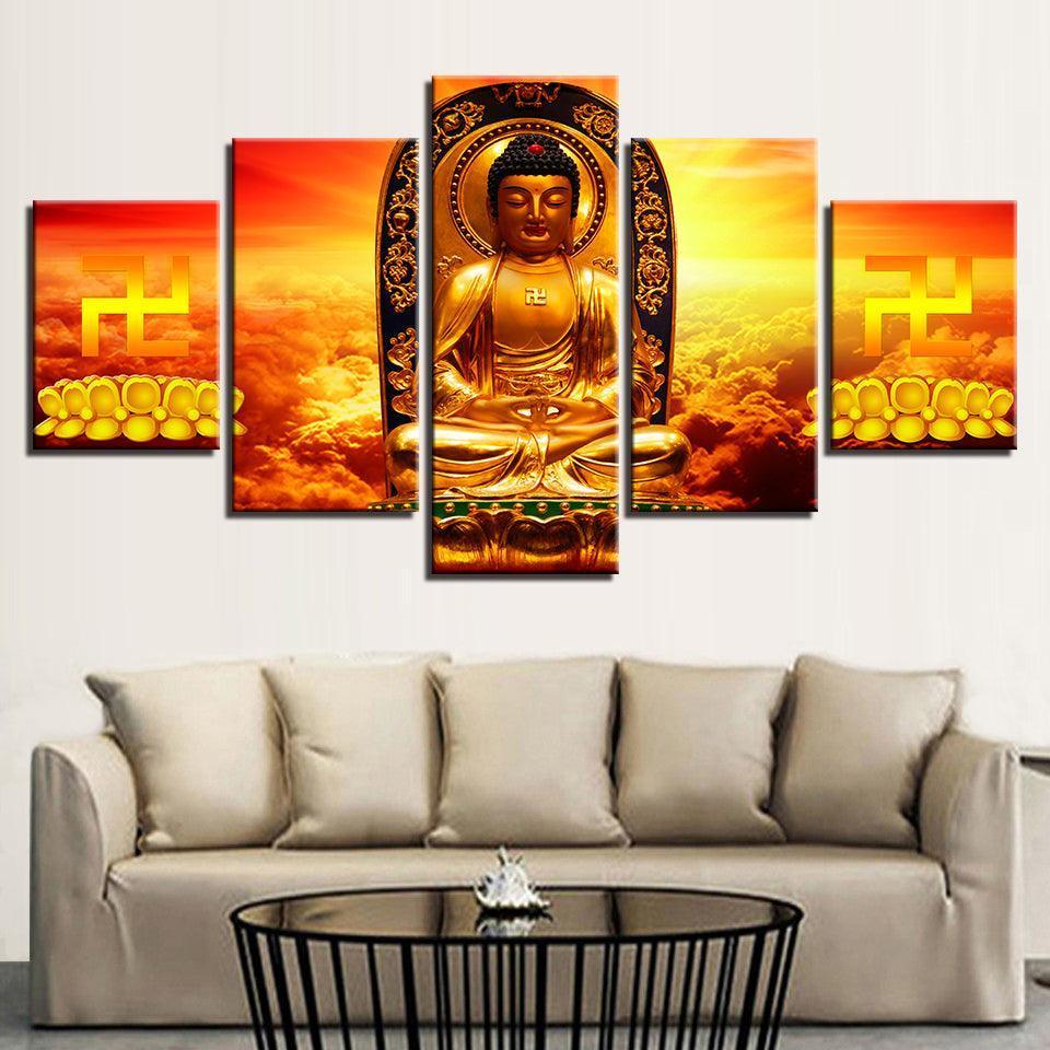 Golden Buddha 5 Piece HD Multi Panel Canvas Wall Art Frame-Original Frame
