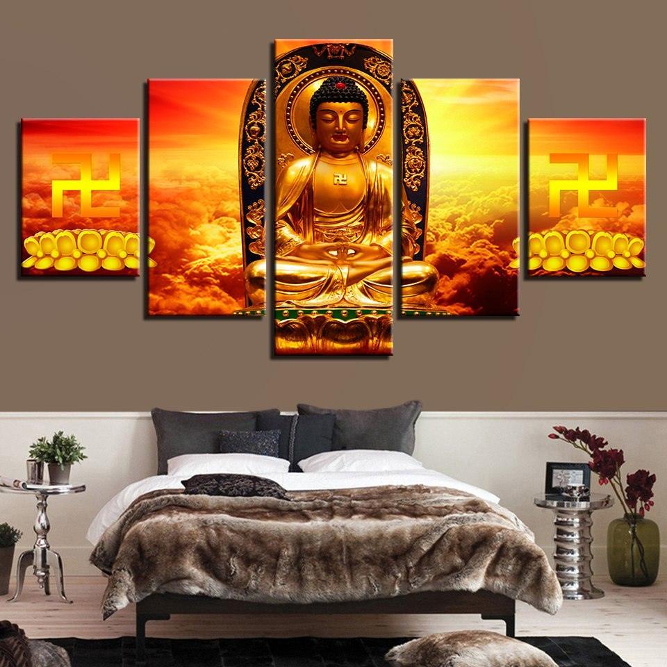 Golden Buddha 5 Piece HD Multi Panel Canvas Wall Art Frame-Original Frame