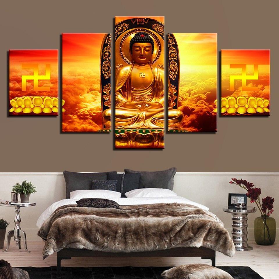 Golden Buddha 5 Piece HD Multi Panel Canvas Wall Art Frame-Original Frame