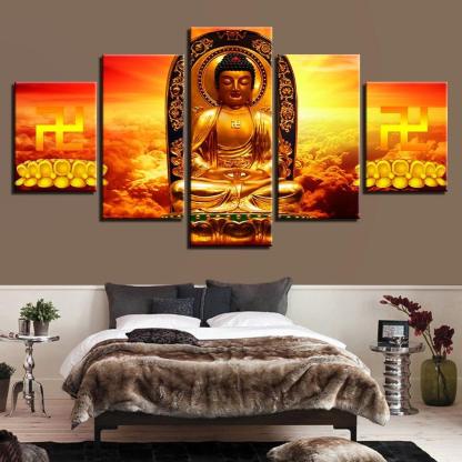 Golden Buddha 5 Piece HD Multi Panel Canvas Wall Art Frame-Original Frame