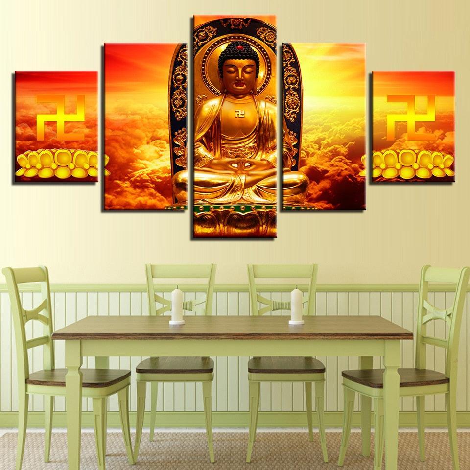 Golden Buddha 5 Piece HD Multi Panel Canvas Wall Art Frame-Original Frame