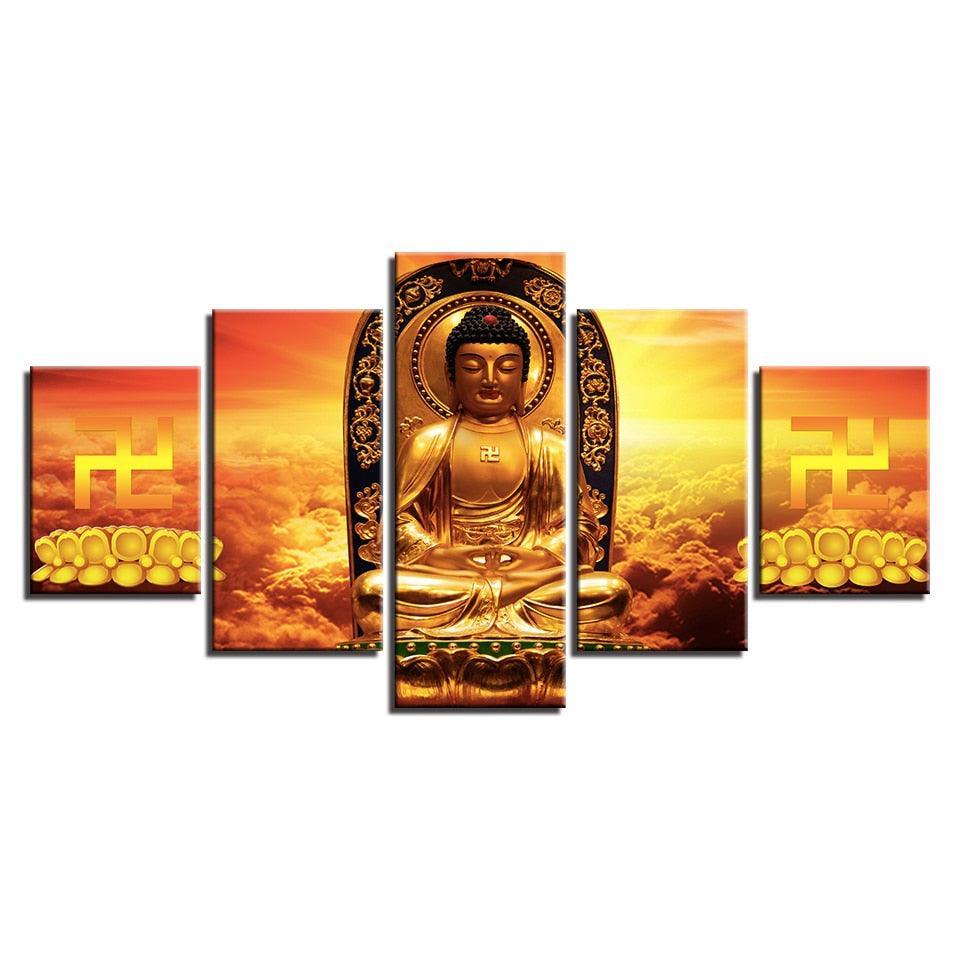 Golden Buddha 5 Piece HD Multi Panel Canvas Wall Art Frame-Original Frame