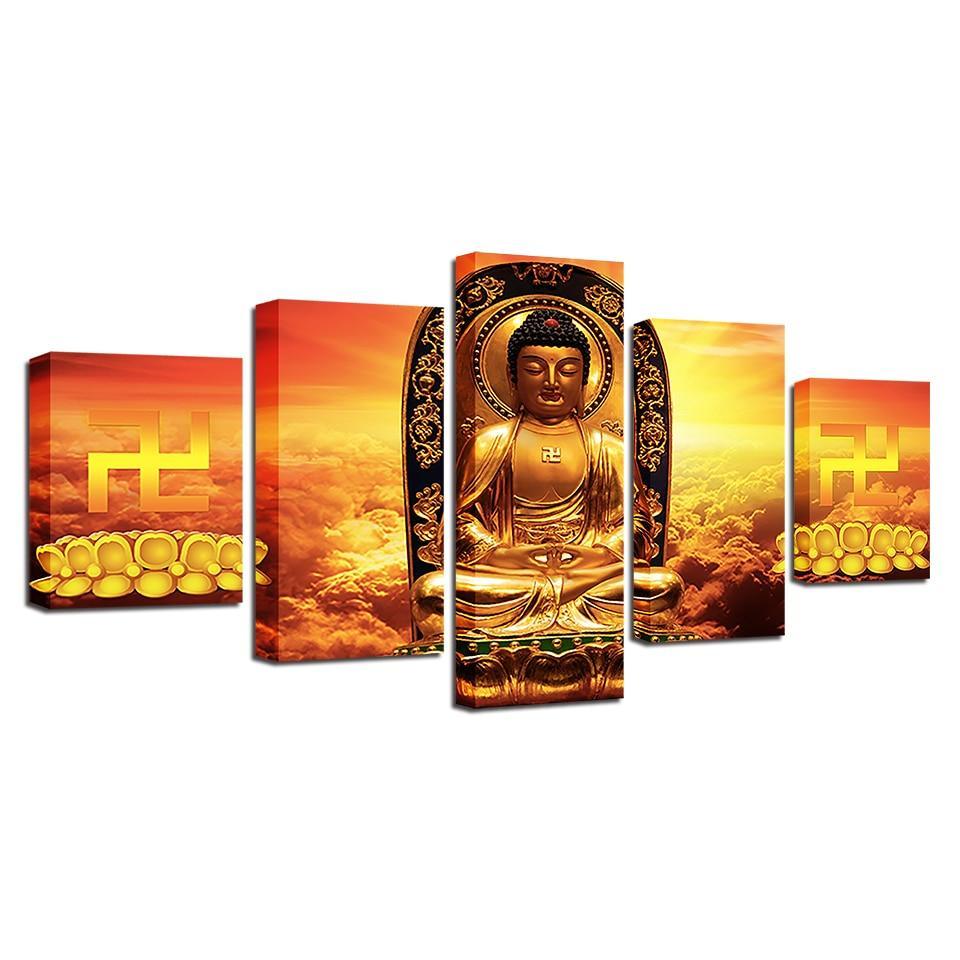 Golden Buddha 5 Piece HD Multi Panel Canvas Wall Art Frame-Original Frame