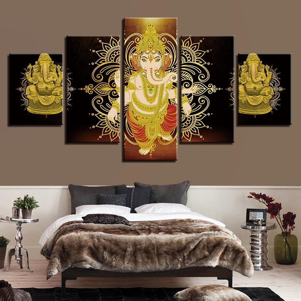 Lord Ganesha 5 Piece HD Multi Panel Classical Canvas Wall Art Frame-Original Frame
