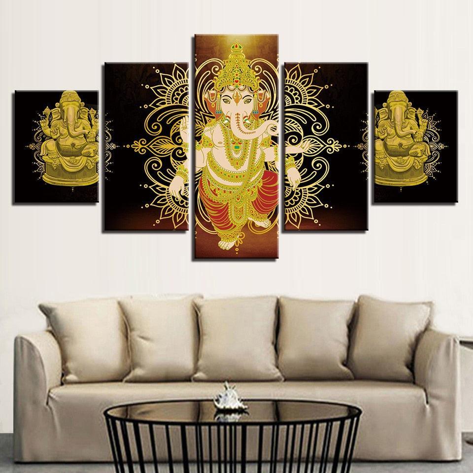 Lord Ganesha 5 Piece HD Multi Panel Classical Canvas Wall Art Frame-Original Frame