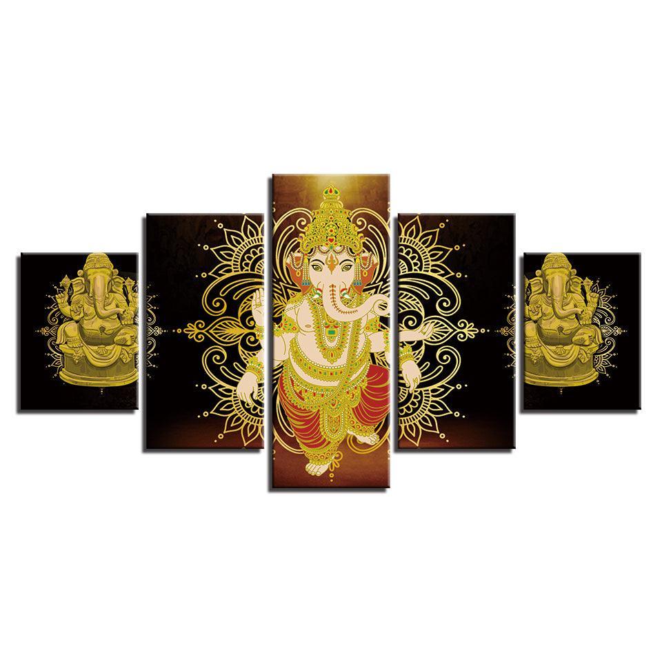 Lord Ganesha 5 Piece HD Multi Panel Classical Canvas Wall Art Frame-Original Frame