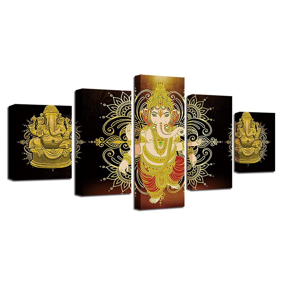 Lord Ganesha 5 Piece HD Multi Panel Classical Canvas Wall Art Frame-Original Frame