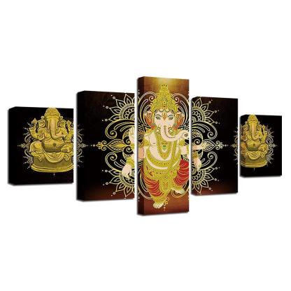 Lord Ganesha 5 Piece HD Multi Panel Classical Canvas Wall Art Frame-Original Frame