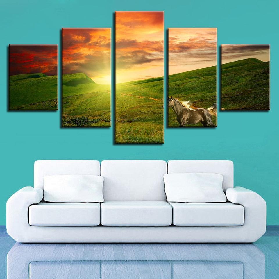 Horse Running 5 Piece HD Multi Panel Canvas Wall Art Frame-Original Frame