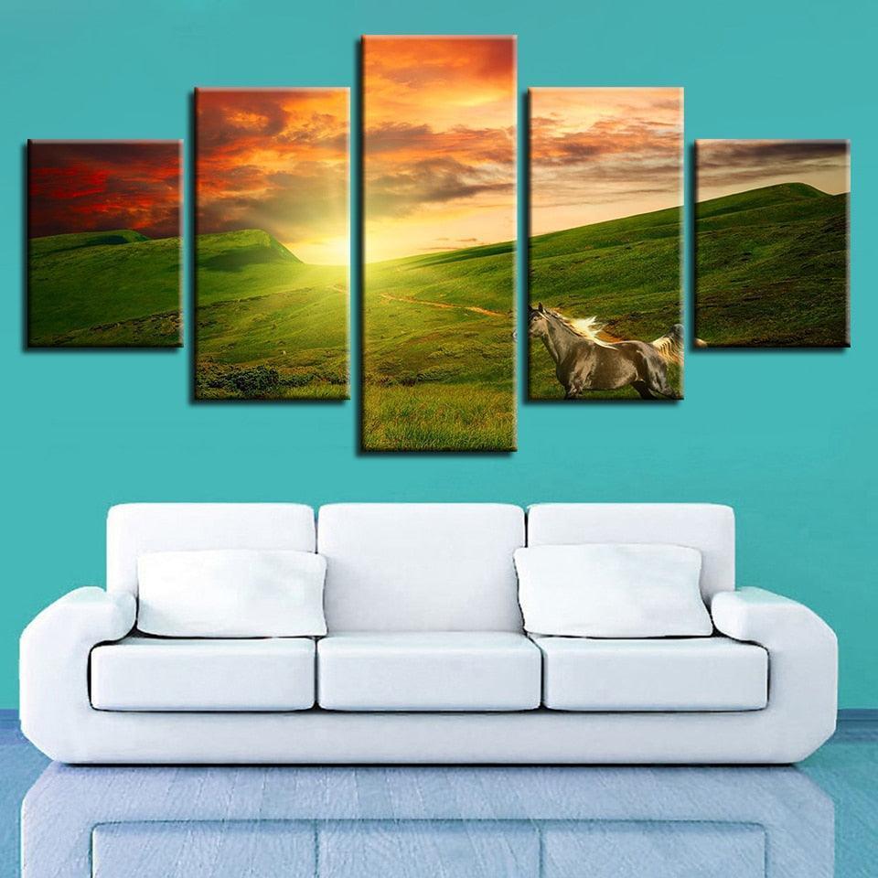 Horse Running 5 Piece HD Multi Panel Canvas Wall Art Frame-Original Frame