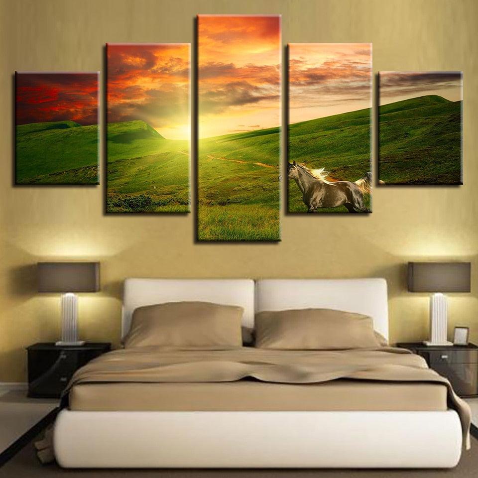 Horse Running 5 Piece HD Multi Panel Canvas Wall Art Frame-Original Frame