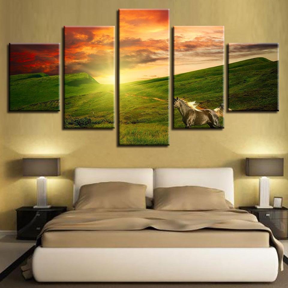 Horse Running 5 Piece HD Multi Panel Canvas Wall Art Frame-Original Frame