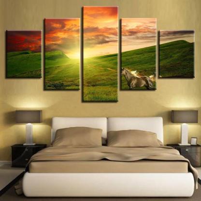 Horse Running 5 Piece HD Multi Panel Canvas Wall Art Frame-Original Frame