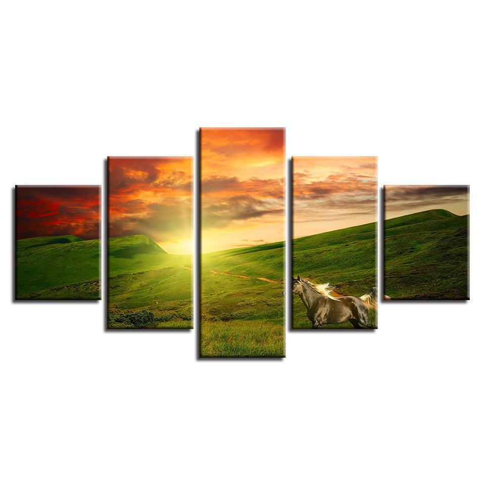 Horse Running 5 Piece HD Multi Panel Canvas Wall Art Frame-Original Frame