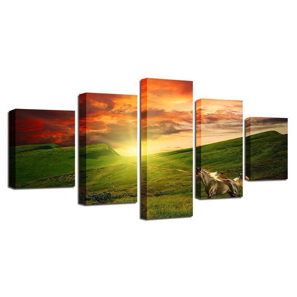 Horse Running 5 Piece HD Multi Panel Canvas Wall Art Frame-Original Frame
