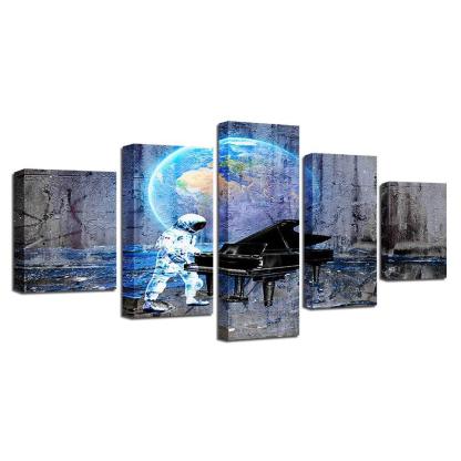 Astronaut Piano Dream 5 Piece HD Multi Panel Canvas Wall Art Frame-Original Frame