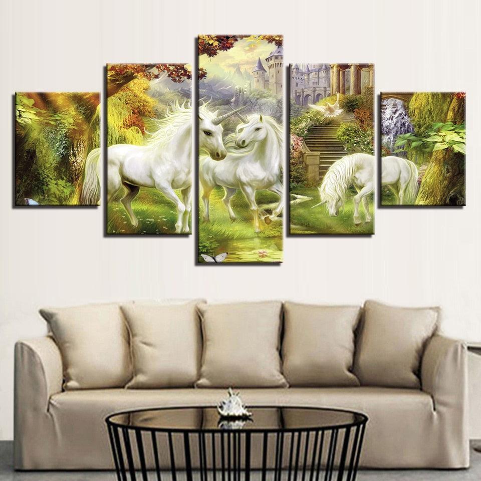 Unicorn Garden 5 Piece HD Multi Panel Canvas Wall Art Frame-Original Frame