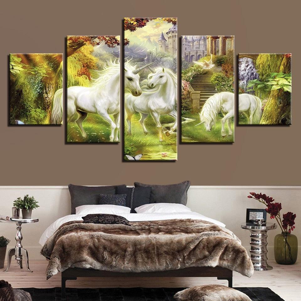 Unicorn Garden 5 Piece HD Multi Panel Canvas Wall Art Frame-Original Frame
