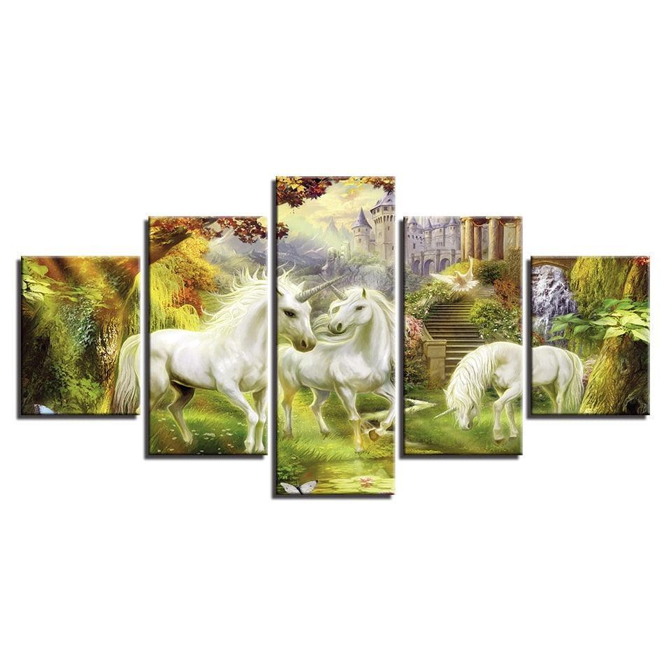 Unicorn Garden 5 Piece HD Multi Panel Canvas Wall Art Frame-Original Frame