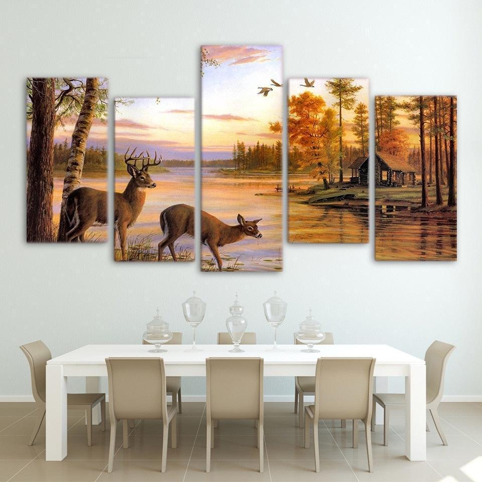 Deer in Forest 5 Piece HD Multi Panel Canvas Wall Art Frame-Original Frame