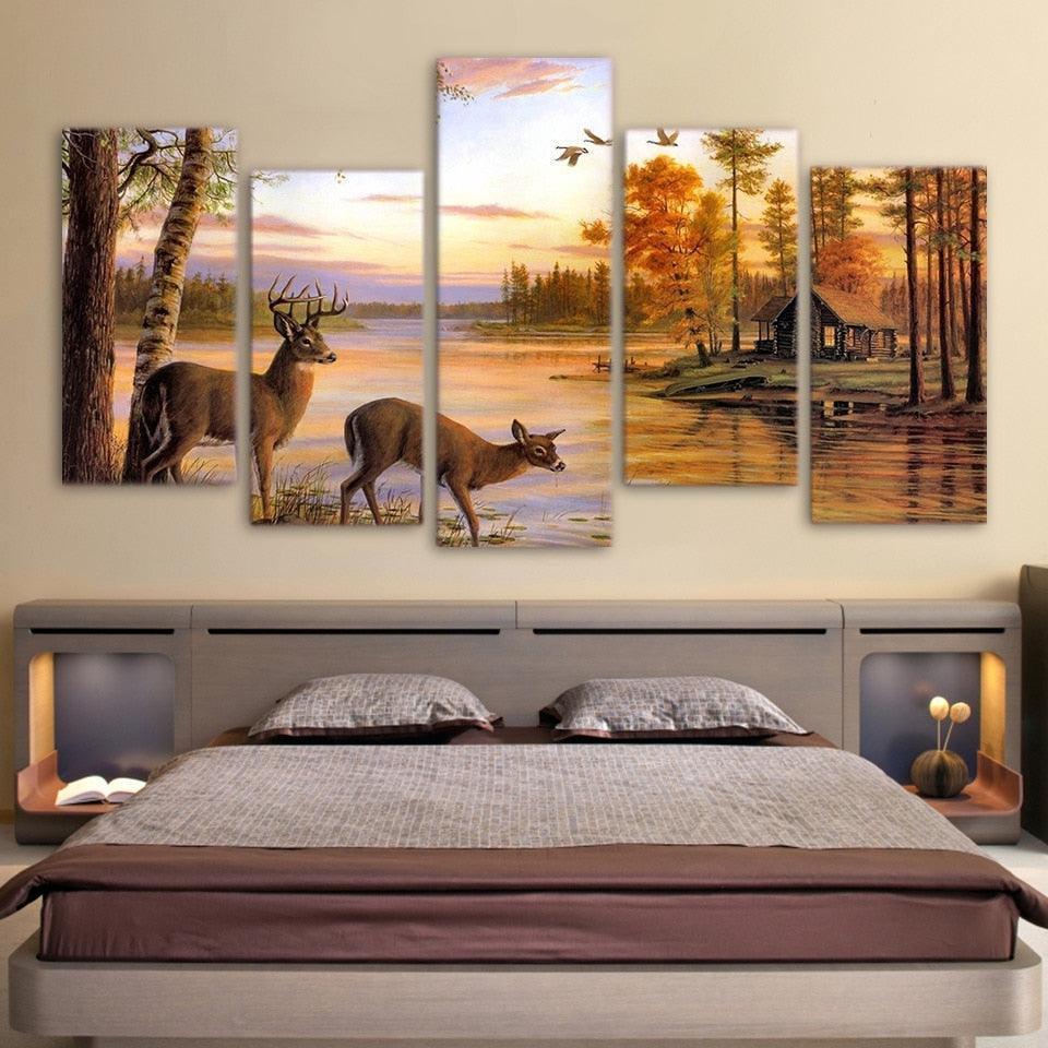 Deer in Forest 5 Piece HD Multi Panel Canvas Wall Art Frame-Original Frame
