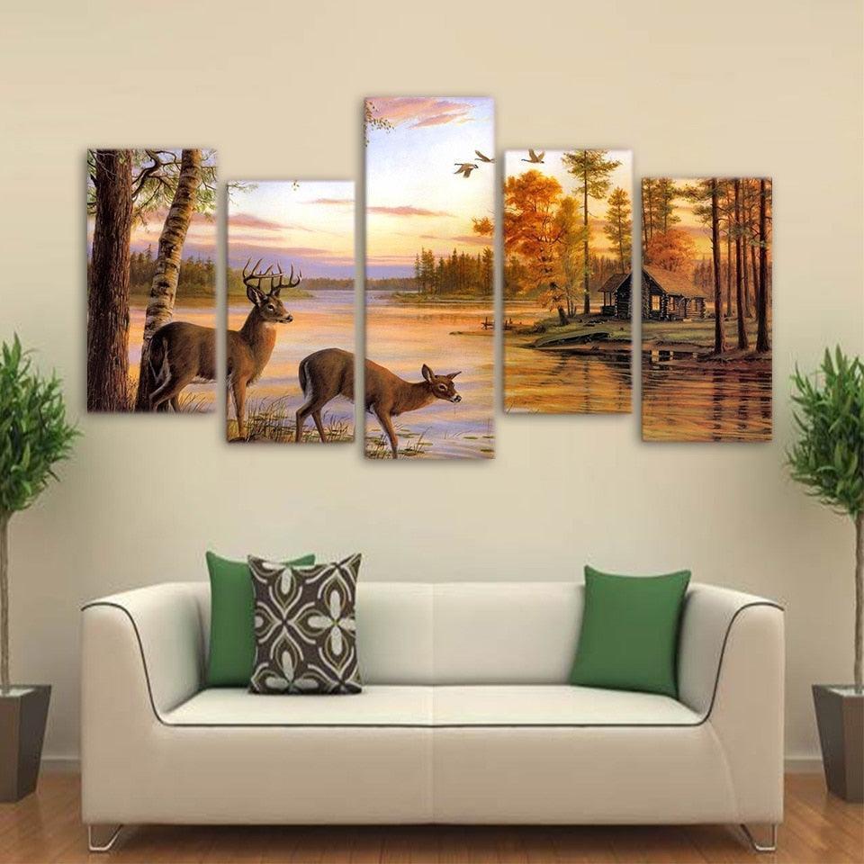 Deer in Forest 5 Piece HD Multi Panel Canvas Wall Art Frame-Original Frame